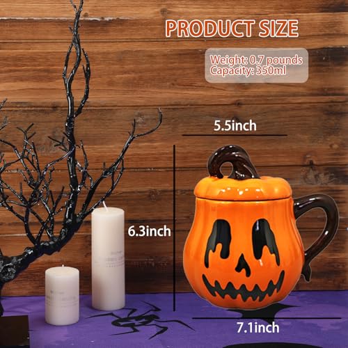 JUSTUP Pumpkin Shaped Ceramic Coffee Mug - Halloween & Thanksgiving Orange Cover Cup - 0.7 Pound Cartoon Breakfast & Dessert Cup