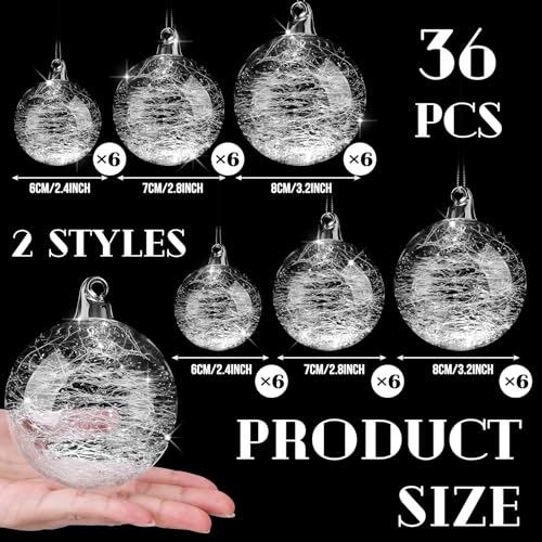 Clear Glass Christmas Ornaments Set - Iridescent Balls in Multiple Sizes, 36 Pack