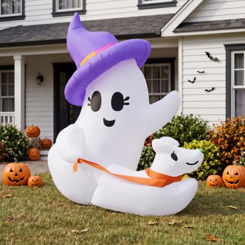 6 FT Halloween Inflatable Ghost & Dog Yard Decor with LED Lights - Outdoor Spooky Decoration
