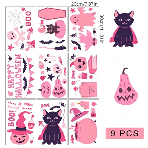 Pink Halloween Window Stickers - 9 Sheets Cute Pumpkin Ghost Bat Web Decorations