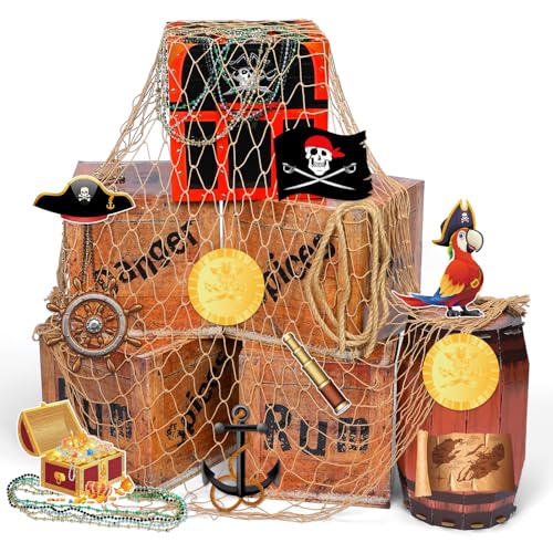 Pirate Party Decorations Set with Treasure Boxes Net and Jewelry Props