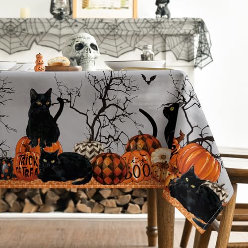 Halloween Tablecloth 52 x 70 Inch Rectangular Buffalo Plaid Moon - Black and Orange