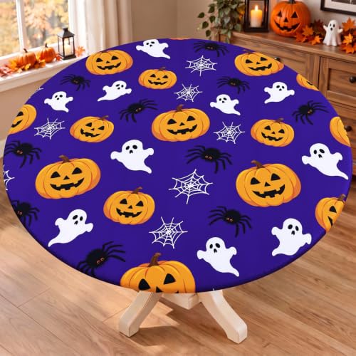 Moosfor Halloween Fitted Round Tablecloth - Orange & Black, 57-68 Inch