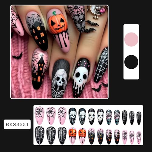 Halloween Fake Nails Set with Spider Web Skeleton Pumpkin Design - Medium Length Press-On Nails (Variation 7)