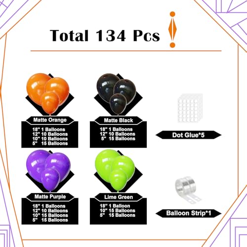 Halloween Balloon Arch Kit - 134pcs Black, Orange, Purple, Green Variations