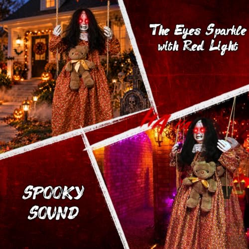 Scary Halloween Swing Ghost Decoration with Light-Up Eyes & Creepy Sound - Indoor & Outdoor Haunted House Props