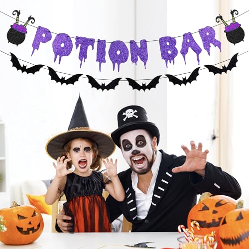 Halloween Glitter Potion Bar Banner with Bat Garland - Spooky Party Decor