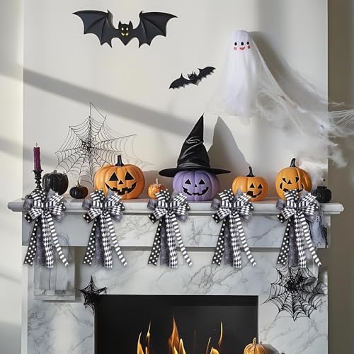 Halloween Black White Bow Set of 2 for Wreath & Home Decor - Spider Web Ribbon