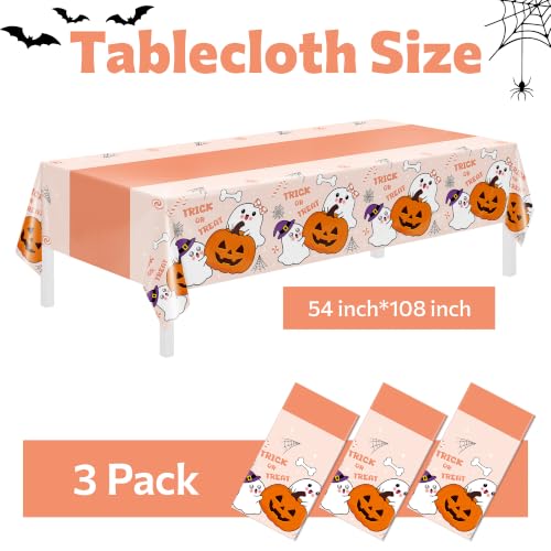 Childom Halloween Tablecloth 3 Pack Orange Ghost & Pumpkin Design - Rectangle Disposable Table Cover for Party