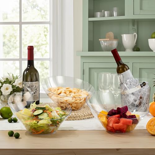 Clear Plastic Serving Bowls 54oz, 12 Pack - Angled Disposable Snack & Salad Bowls