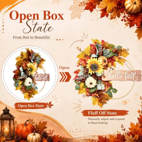 20 Inch Fall Wreath with Wooden Beads and Autumn Decorations - Front Door Decor