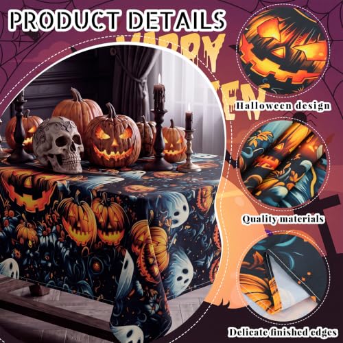 Spooky Pumpkins Ghost Halloween Tablecloth with Variation Black Cat Bat Pumpkin - 60x84 Inch