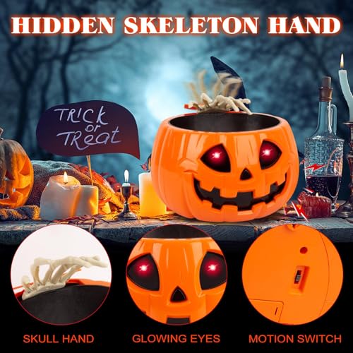 Animatronic Halloween Candy Bowl with Skeleton Hands and Glowing Eyes - Motion Activated Pumpkin Decor