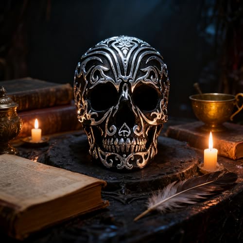 Gothic Skull Decor - 5.2 Inch Halloween Skeleton Head with Silver Patterns for Home & Office