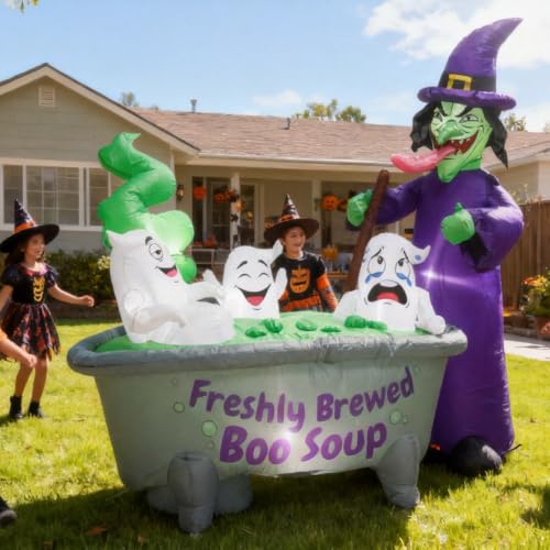 6ft Halloween Inflatable Witch Cauldron with Ghosts RGB LED Lights Yard Decor