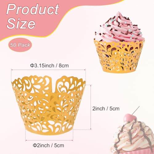 Gold Tone 50-Pack Pearlescent Cupcake Wrappers with Lace Design for Weddings & Parties