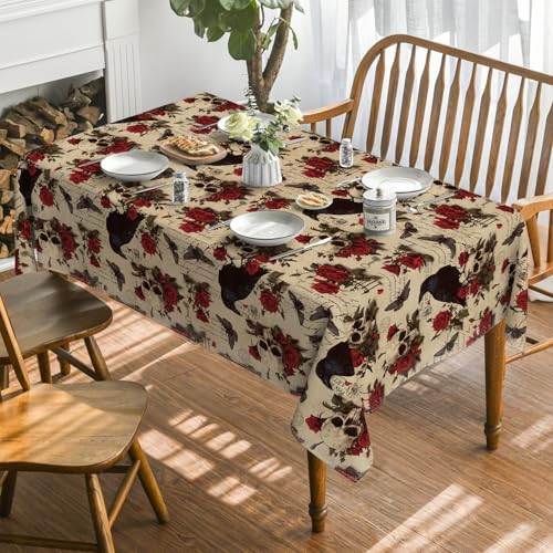 Horaldaily Halloween Tablecloth 60 x 120 Inch Rectangular Crow Skeleton Black Beige
