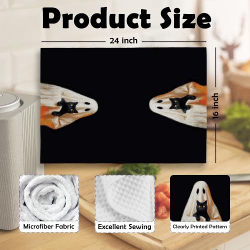 Halloween Ghost Black Cat Kitchen Dish Towels Autumn23 16x24 Inch Microfiber