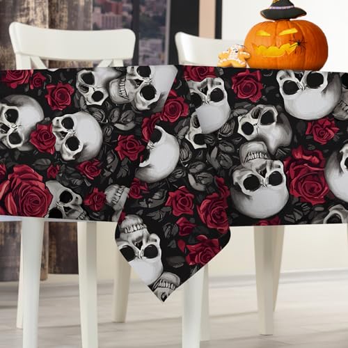 Halloween Gothic Skull Rose Rectangle Tablecloth 60 x 84 Inches - Skull Variation