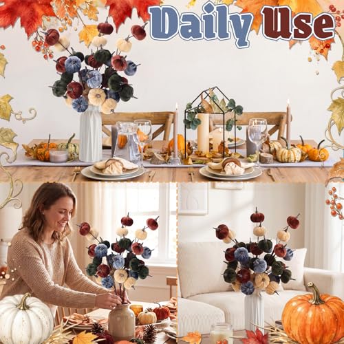 Fall Artificial Pumpkin Picks Set - Warm Color, 3 Bouquets, 15.75 Inches