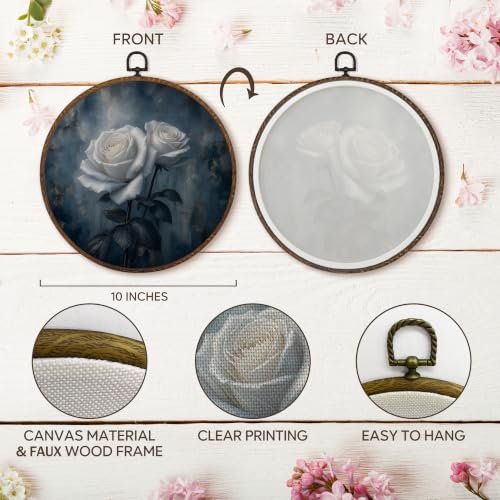 Mystical White Rose Floral Wall Art Decor - Round 10x10 Inch Canvas with Variation Whiteroes