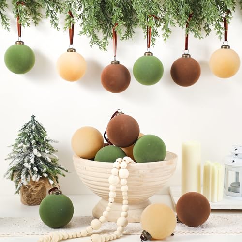 Velvet Christmas Ball Ornaments Set - 30pcs 3.15 Inch Flocked Holiday Decor - Green, Brown, Beige