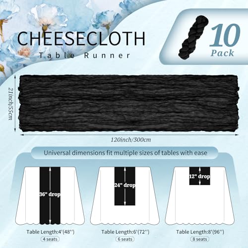 Black Cheesecloth Table Runner Set - 10 Pack, 10ft Wedding & Event Decor
