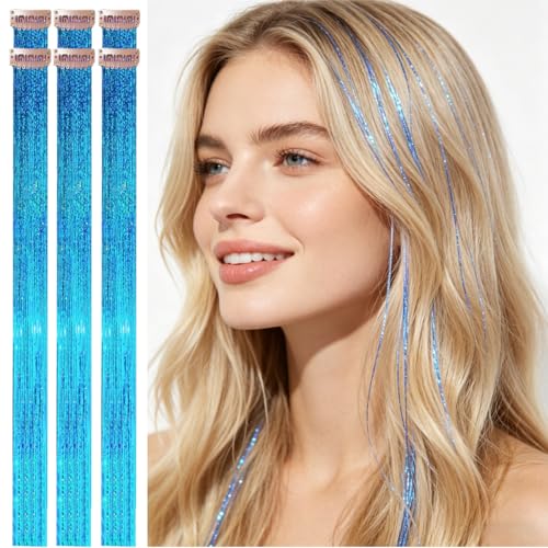 Aqua Glow Clip-In Hair Tinsel Set - 6 Strands, Summer Beach Hair Extensions, 24 Inch