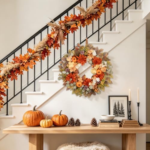 Orange Fall Wreath with Pumpkins Dahlias Berries & Eucalyptus Leaves - 24 Inch Autumn Decor