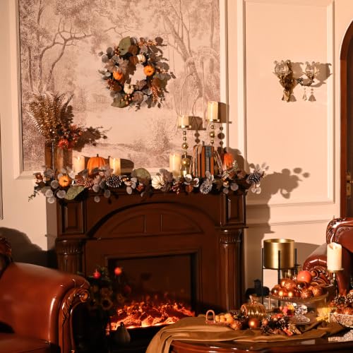 Fall Maple Leaves Garland with Pumpkins and LED Lights - 6ft Autumn Decor