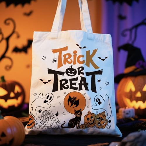 Halloween Trick Tote Bag - Reusable Canvas Ghost Candy Bag for Party & Gift