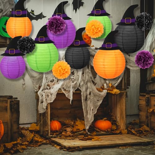 Halloween Paper Lanterns Decorations Kit with Witch Hats and Pom Poms - Indoor Outdoor Party Supplies