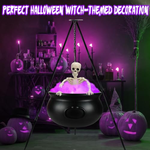 Purple Halloween Witches Cauldron Decor Set with Skeleton & LED Lights - Outdoor Yard Porch