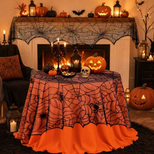 Halloween Black Lace Spiderweb Fireplace Mantle Scarf Cover - 18x96 Inch