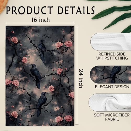 Dark Moody Raven Crow Kitchen Towels - Gothic Floral Hand Dish Towels, 16x24 Inch