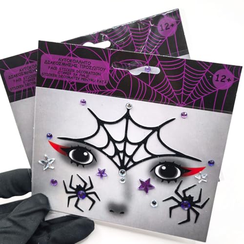 Halloween Glitter Spider Face Sticker - Black Spider & Web with Gems, Waterproof & Self-Adhesive, for Makeup & Cosplay - Black Variation