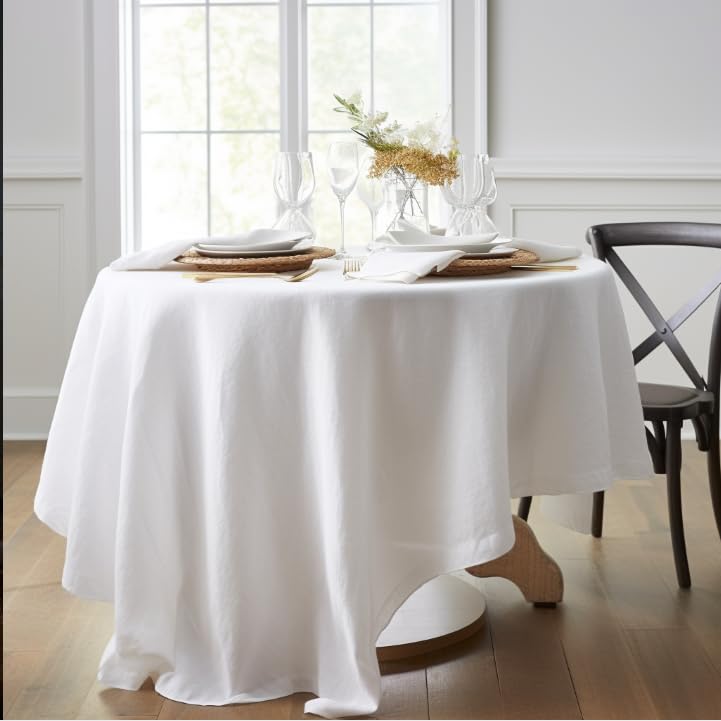 Everly 100% Natural Linen Round Tablecloth 70 Inch White for Weddings & Events