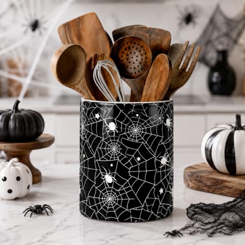 Halloween Utensil Holder - Black Spider Web Ceramic Kitchen Organizer - 6 Inch