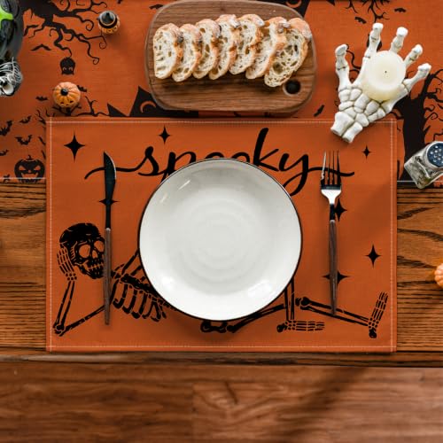 Orange Skeleton Halloween Placemats Set of 4 - 12 x 18 Inch Rectangular Table Decor