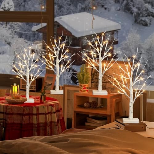 22-Inch Tabletop Birch Tree with LED Lights - Indoor Christmas Decor - Variation of 22inch×4