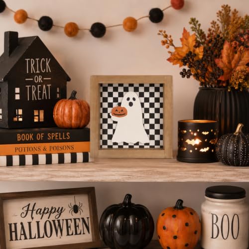 Black White Checkered Halloween Sign - 3D Ghost Pumpkin Home Decor - Variation: Black and White Checkered