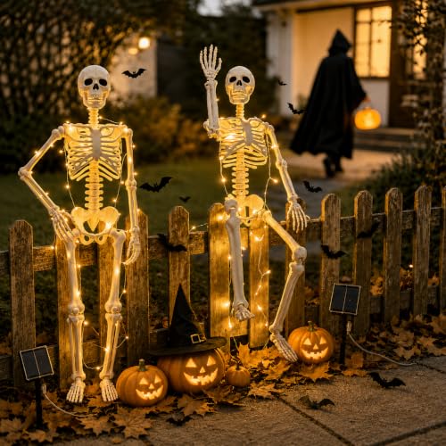 2-Pack 36 Inch Solar Halloween Skeleton Decorations with Metal Stakes & Warm Lights - Variation of 2P-36"