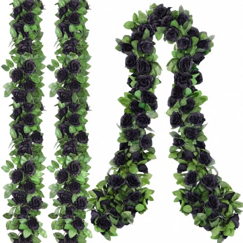 Black Halloween Artificial Flower Garland - 4 Pack, 32 Feet Long Vines with Roses