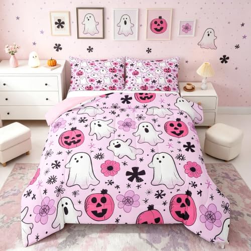Kids Halloween Comforter Set Queen Size Coral Pink Bedding for Boys Girls