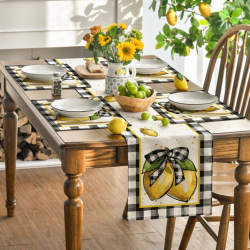 Buffalo Plaid Lemon Placemats Set of 4 - 12x18 Inch Rustic Washable Table Mats Black & White