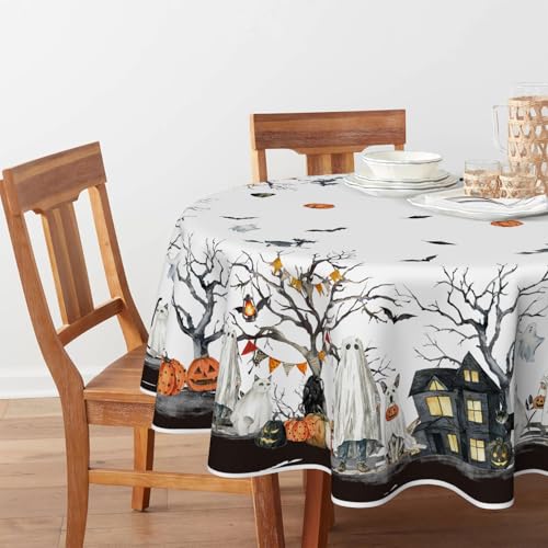 Halloween Tablecloth 70x70 Inch Round Jack-O-Lantern Pumpkin Black and Orange