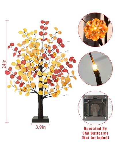 2 Pack 24-Inch Prelit Fall Eucalyptus Trees with Pumpkin LED Lights - Battery Operated Autumn Tabletop Decor