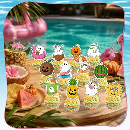 Summer Halloween Cupcake Toppers Set - 24 Assorted Beach & Ghost Designs for Birthday & Party Decor