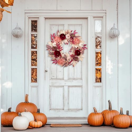 Artificial Fall Wreath with Velvet Pumpkins & Pink Maple Leaves - Red 26 Inch