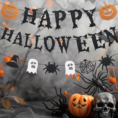 Halloween Banners Set - Spooky Hanging Garland with Pumpkins, Ghosts & Witch Hats